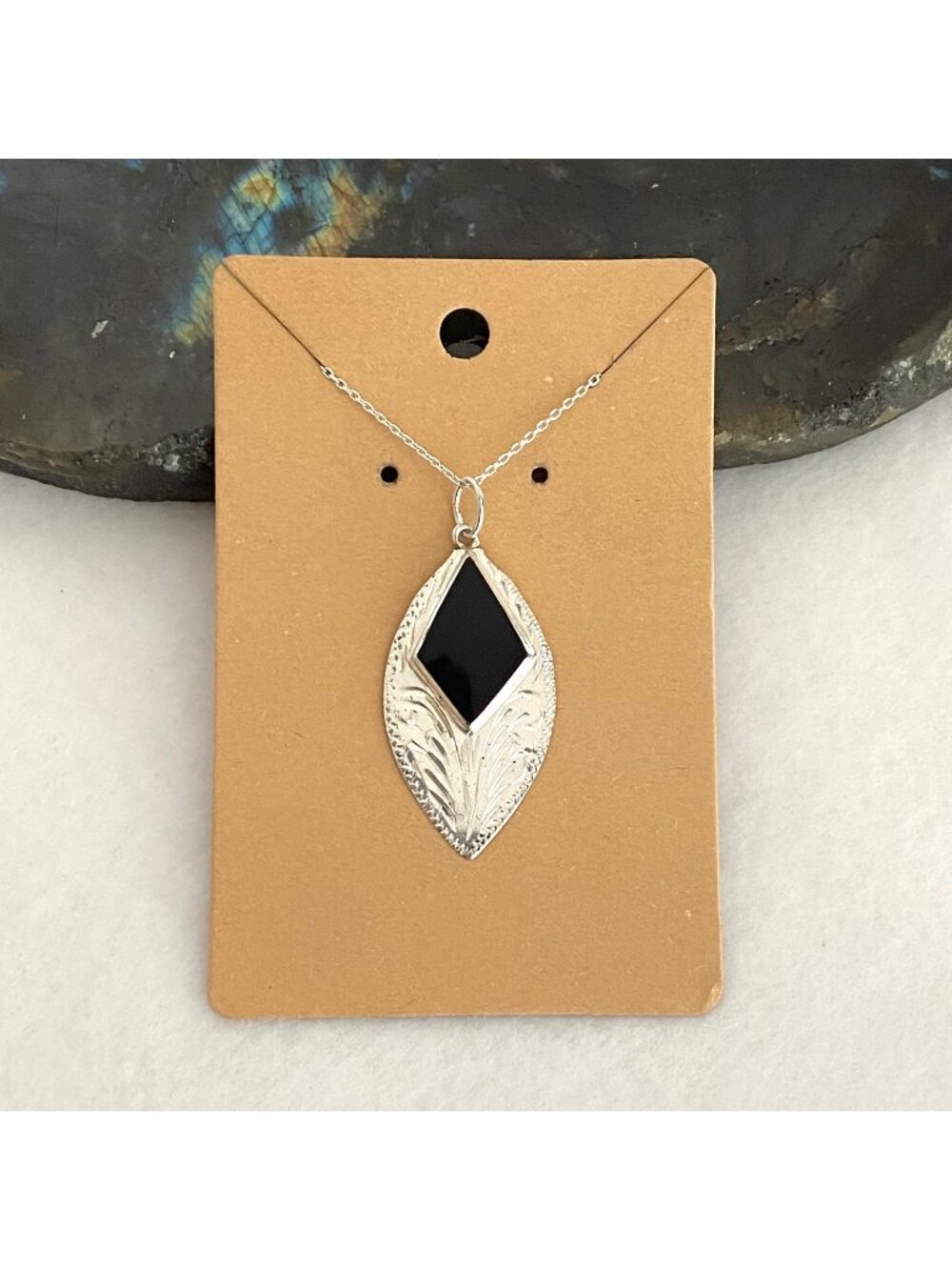 VTG Sterling Silver Black Onyx Floral Etched Leaf Pendant Necklace 20.5" Chain